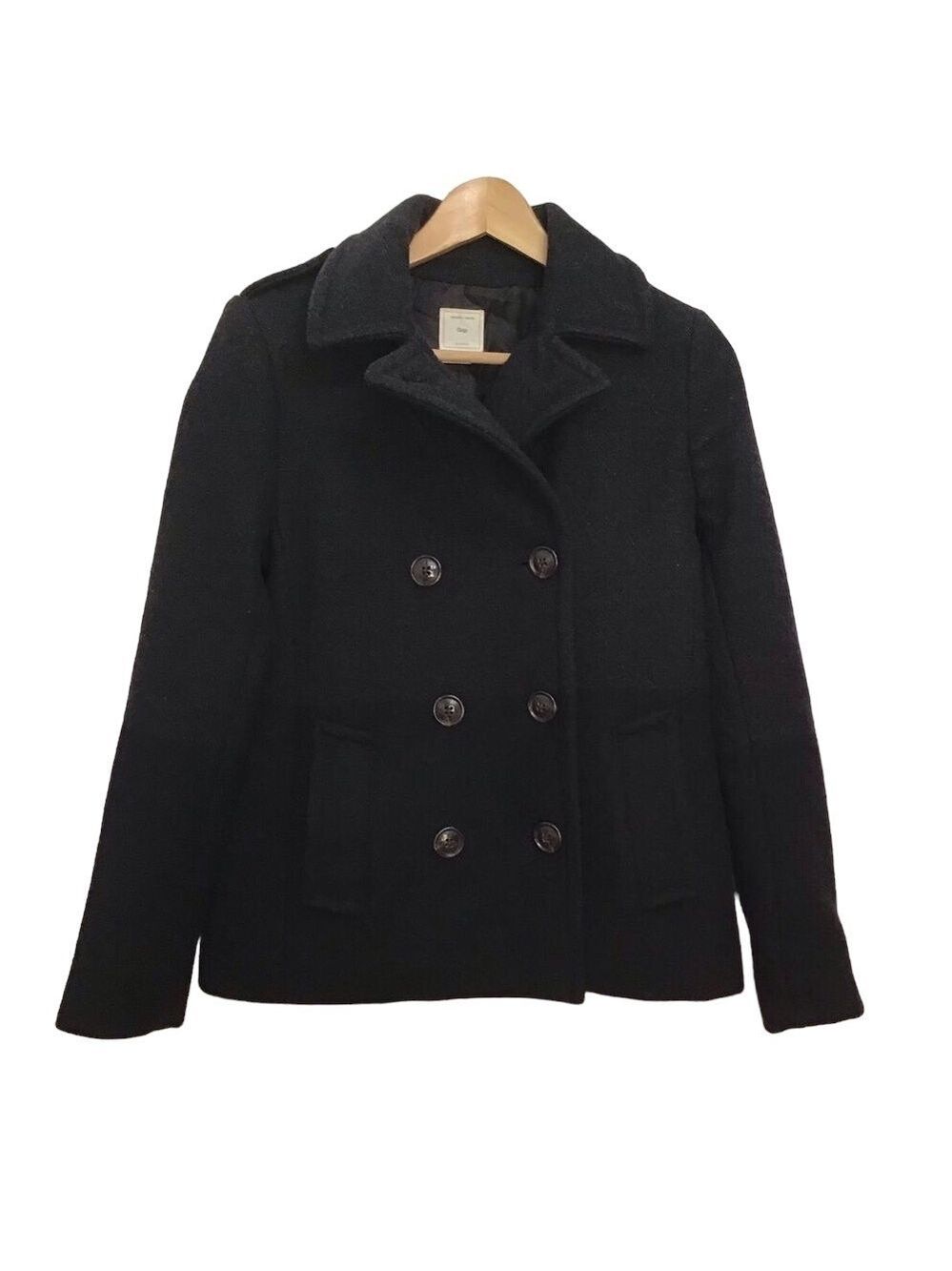 𝅺GAP Pea coat 61% wool blend 2 tones jacket double brest black charcoal XS